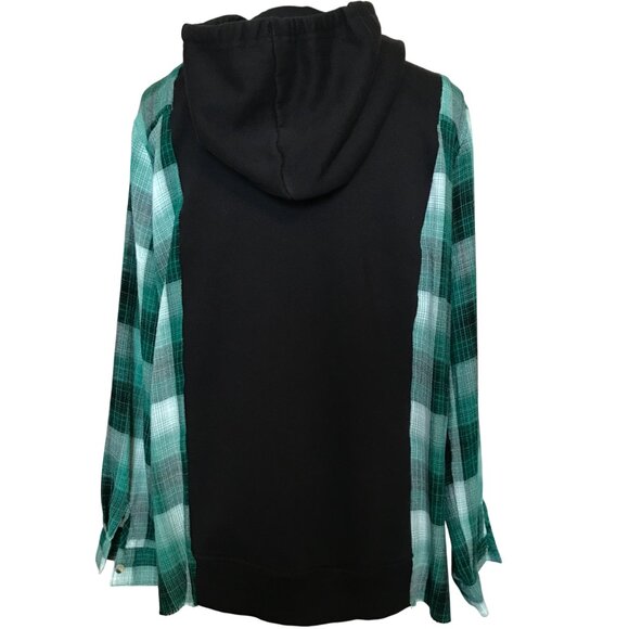 Upcycled Patchwork Jacket, M-L: Flannel Hoodie Sweatshirt, Green Plaid, Star - Picture 9 of 11